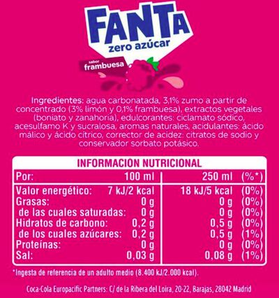 Refresco zero az&uacute;car fanta sabor frambuesa 500ml