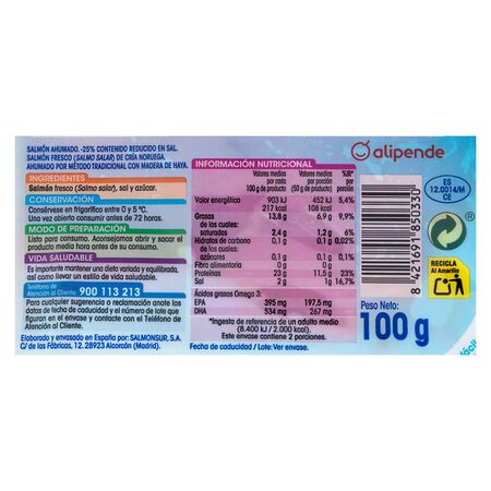Salmon ahumado contenido reducido de sal Alipende 100g 