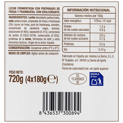 K&eacute;fir l&iacute;quido fresas y frambuesas  pack 4