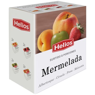 Mermeladas surtidas de melocot&oacute;n, albaricoque, ciruela y fresa Helios 8x25g