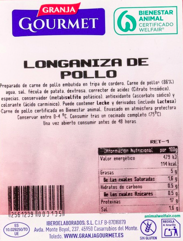Longaniza de pollo Granja Gourmet 550g aproximadamente