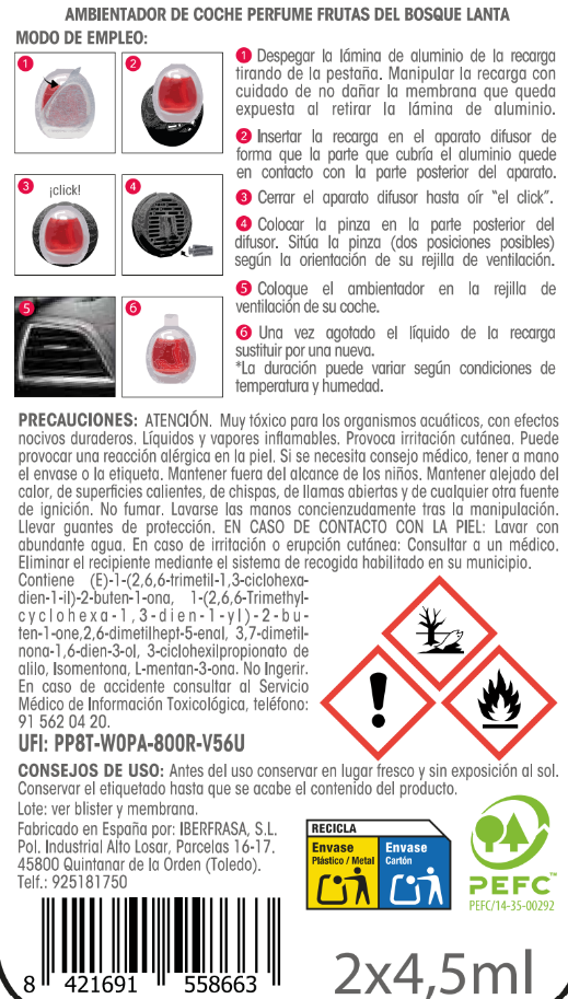 Ambientador coche Lanta 4,5ml 2 unidades frutas bosque