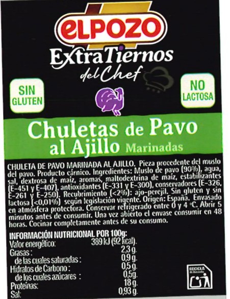 Chuleta de pavo al ajillo El Pozo 600g aproximadamente
