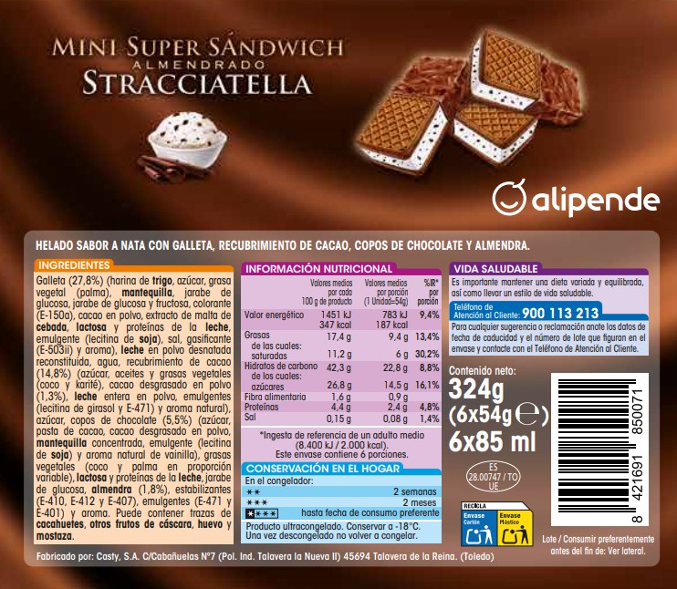HELADO SANDWICH MINI ALIPENDE ALMENDRA-STRACCIATELLA 6U