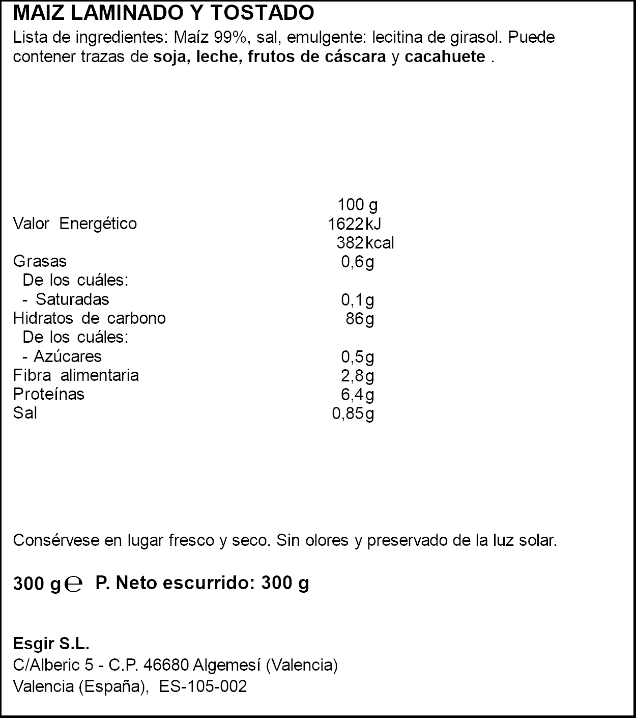 Cereales corn flakes classic sin azúcar añadido Esgir 300g