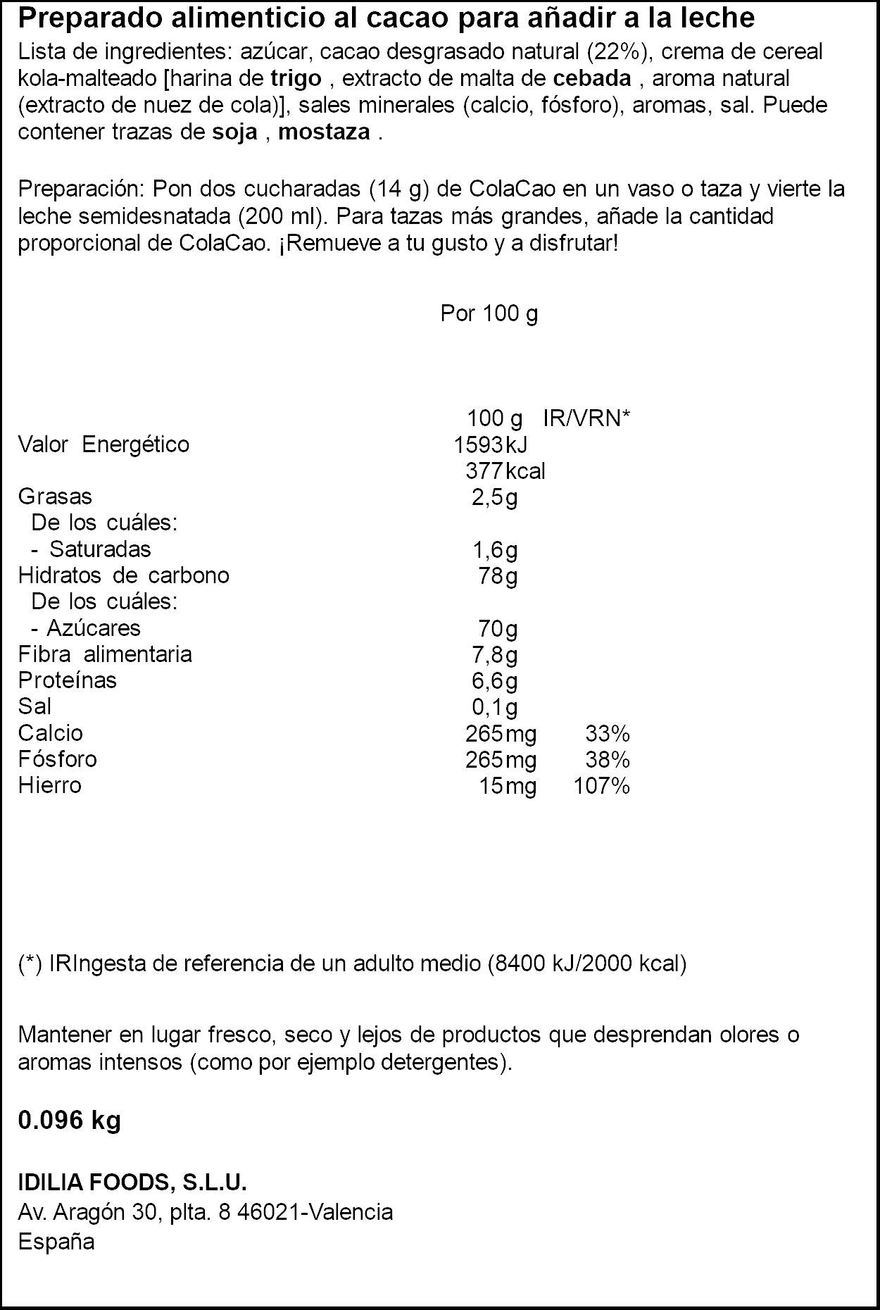 Cacao en sobres Colacao 96g