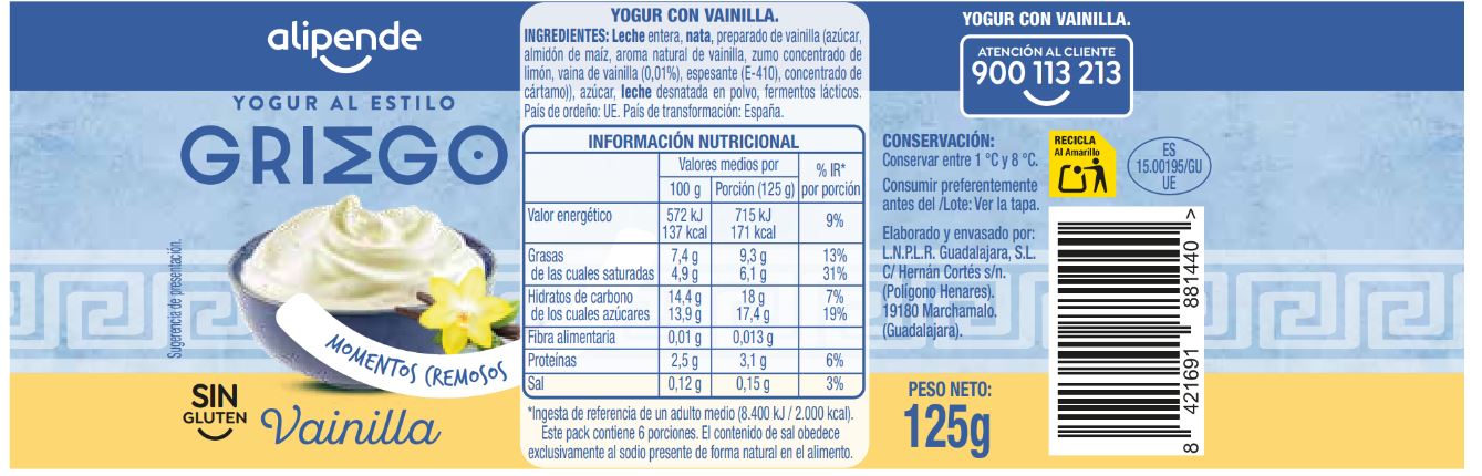 Yogur griego vainilla pack 6 Alipende 750 g