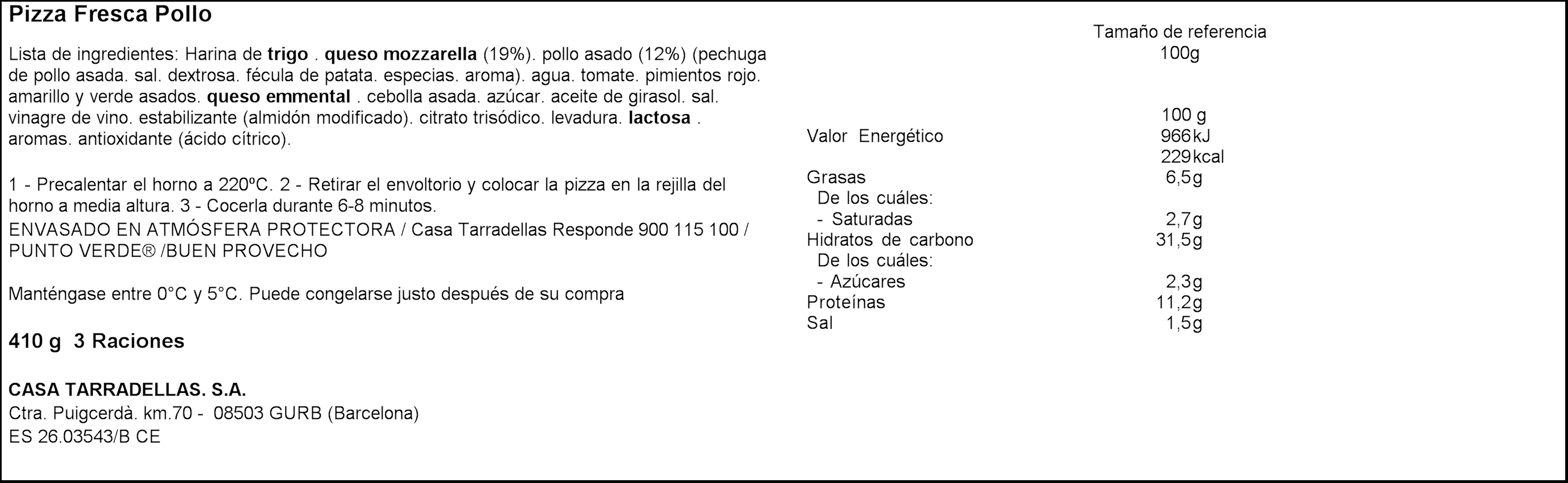 Pizza Casa Tarradellas 410g pollo