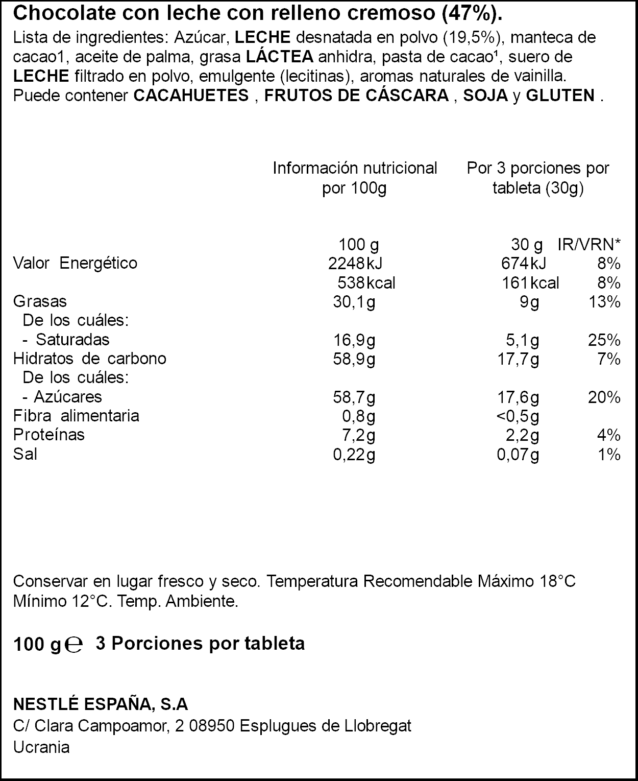 Chocolate con leche extrafino relleno cremoso Nestle 100g