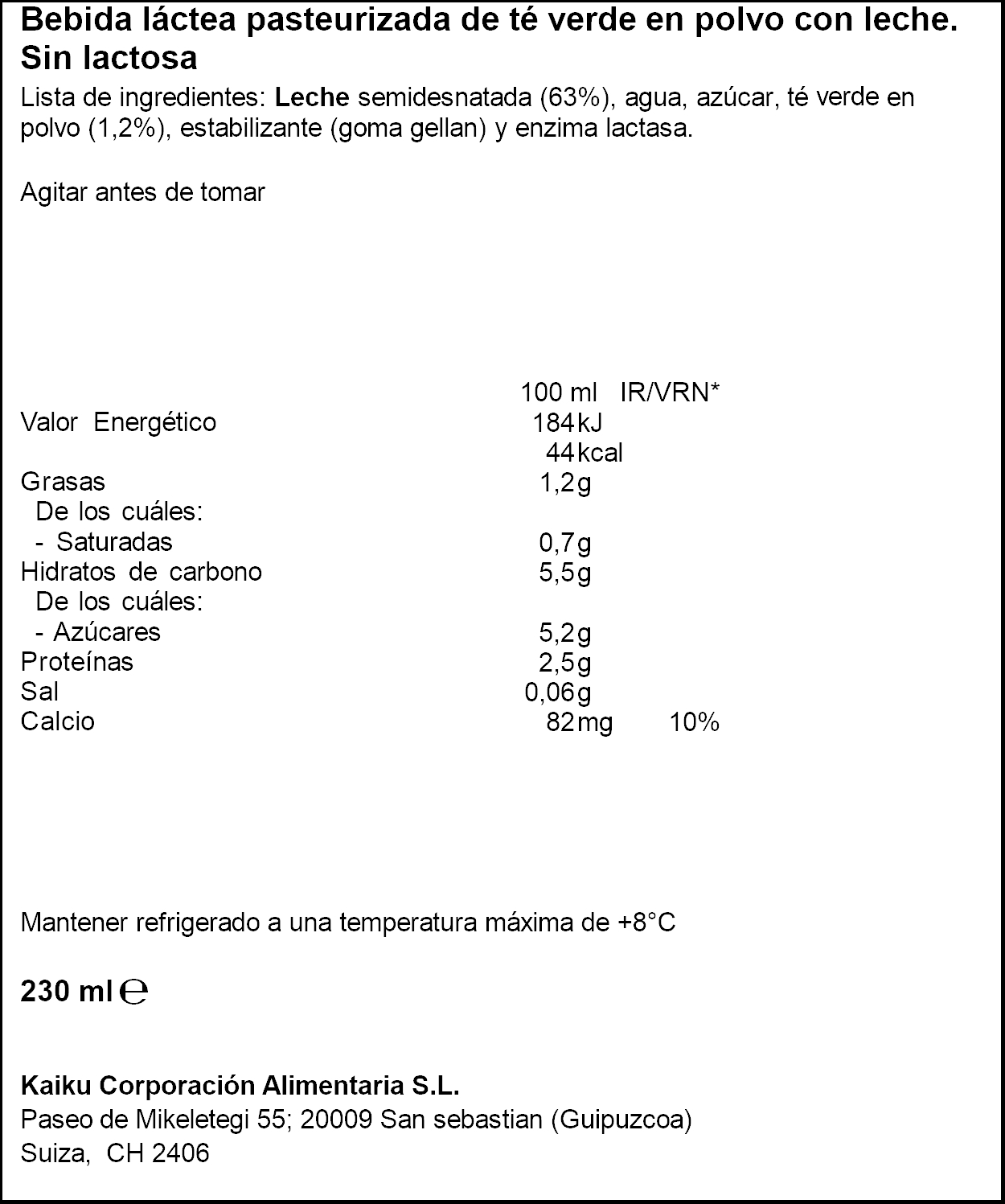 Bebida láctea matcha latte de Kaiku con capacidad de 230 ml