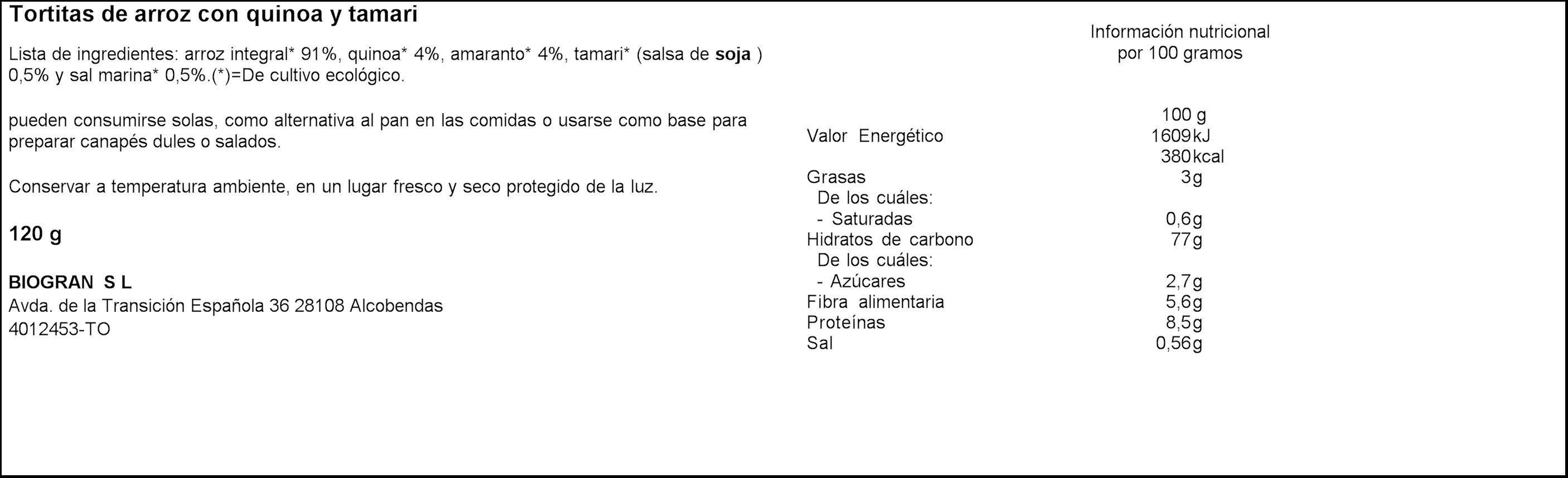 Tortitas de arroz bio Ecocesta 120g quinoa