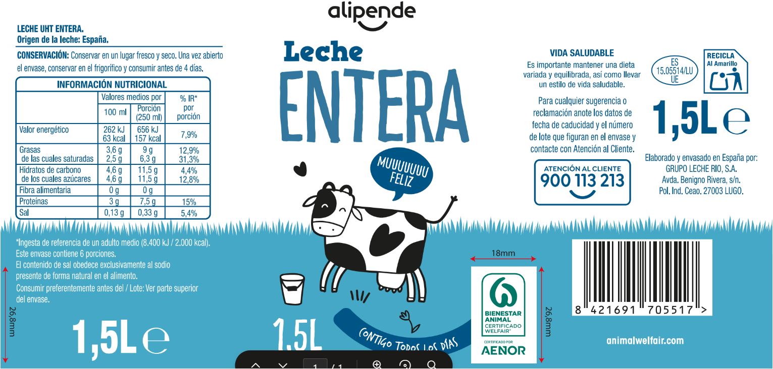 Leche Alipende Botella 1.5 litros entera