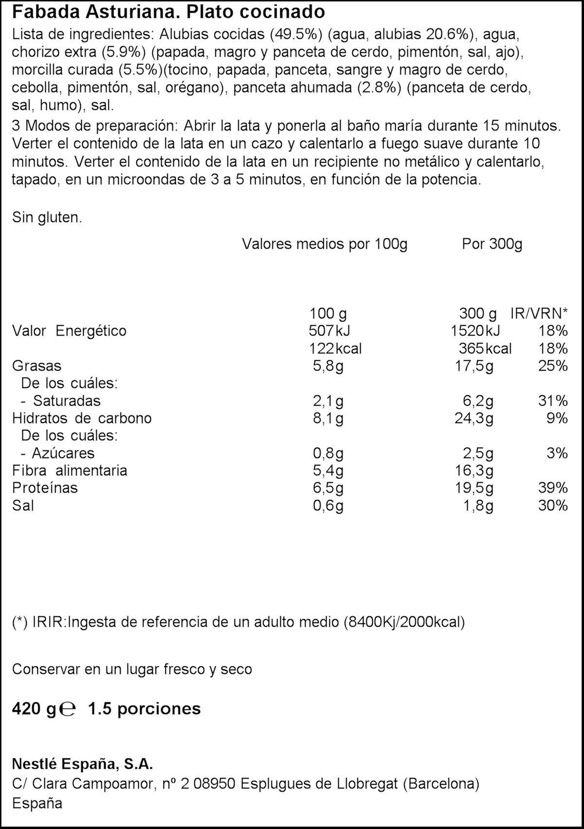 Fabada Asturiana Litoral con 30% menos de sal y grasa 420g