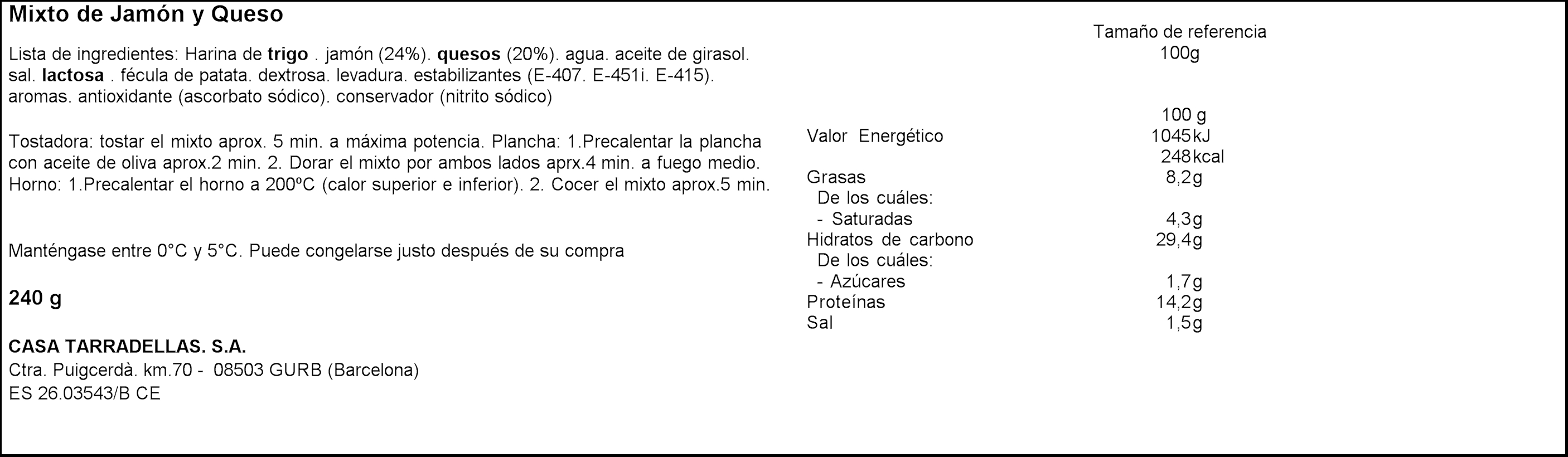 Sandwich Tarradellas pack 2 mixto jamon y queso