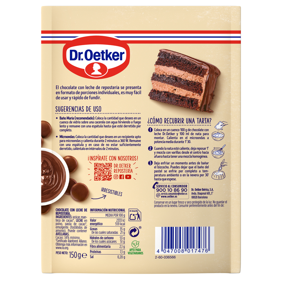 Chocolate con leche para repostería Dr Oetker 150g
