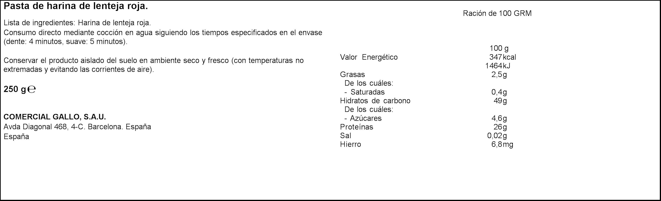 Hélices de lenteja roja sin gluten Gallo nature 250g