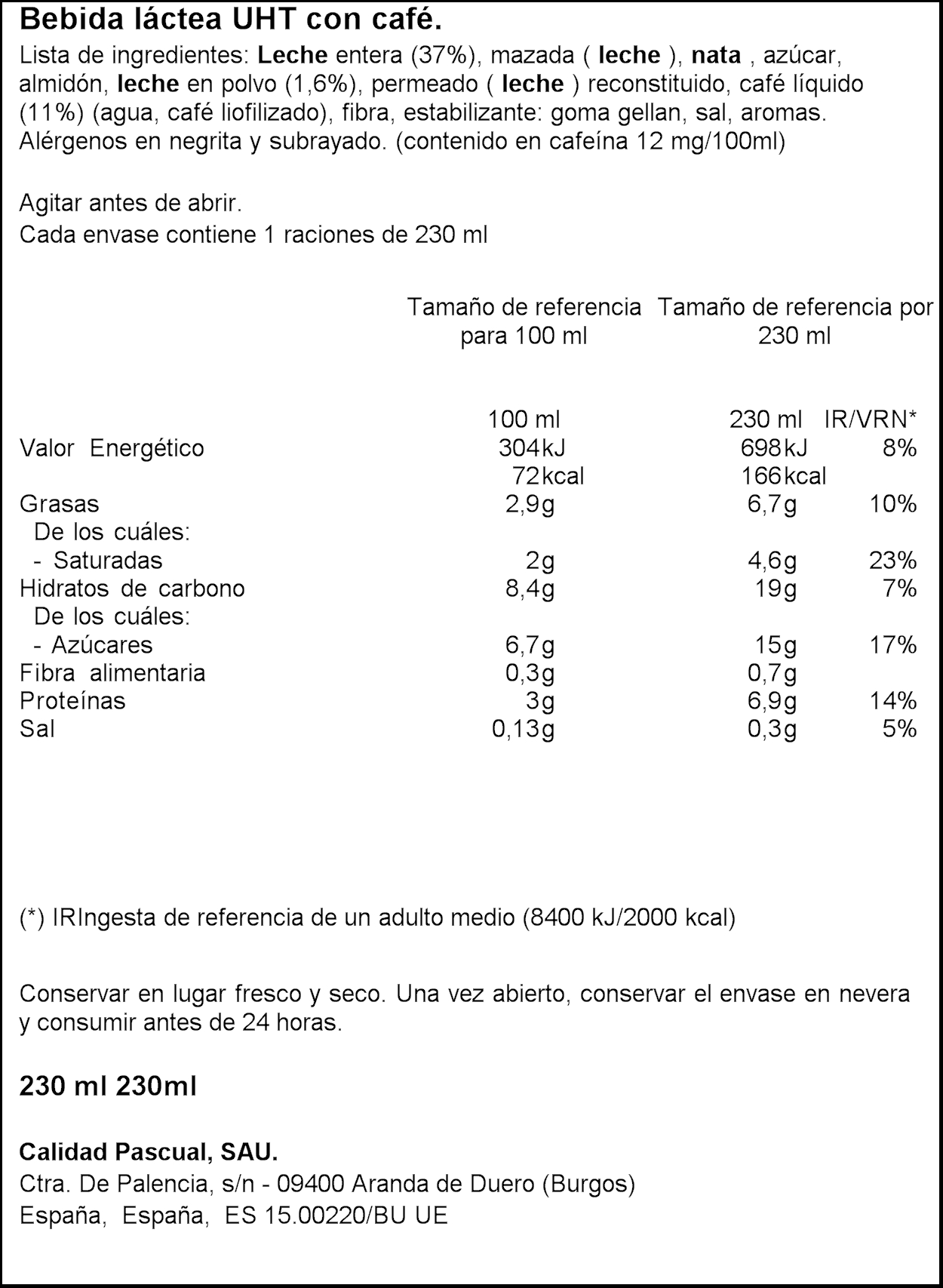 Bebida láctea cremosa lateado pascual 230ml café arábica