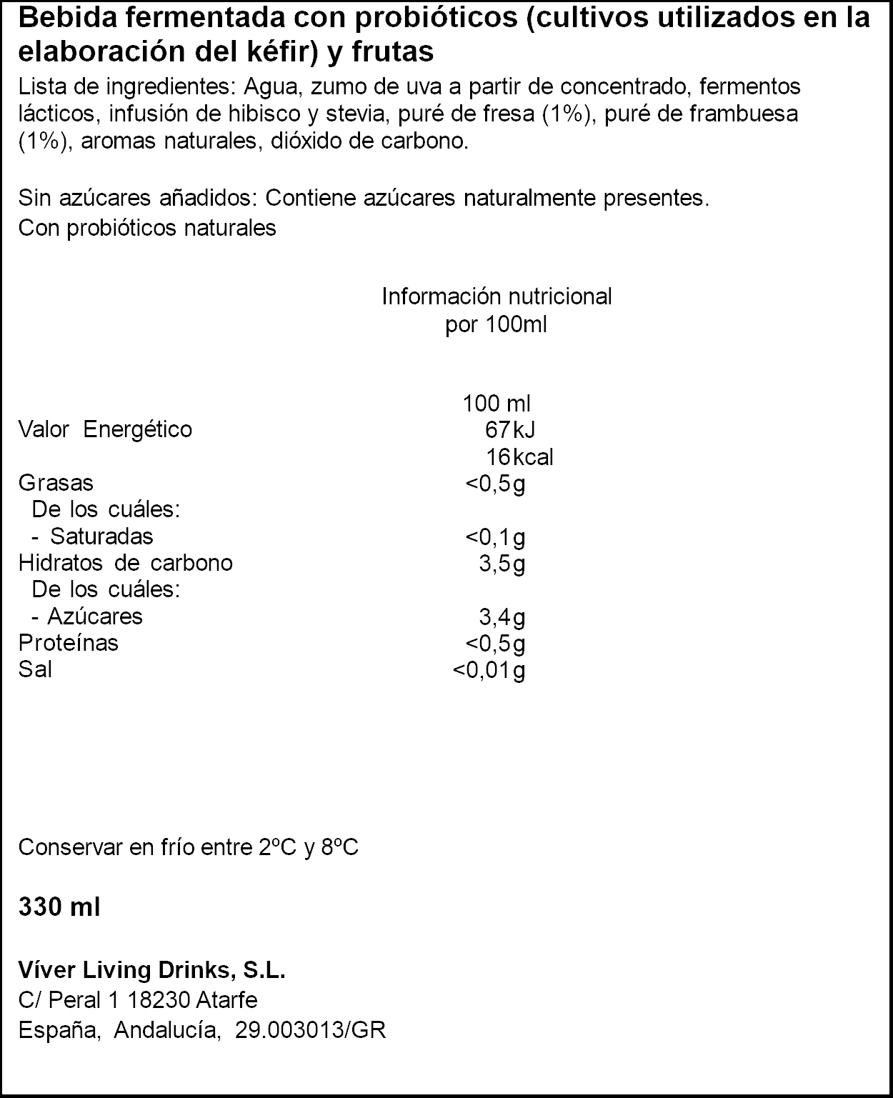 Bebida con probióticos fresa Viver kefrutas 330ml