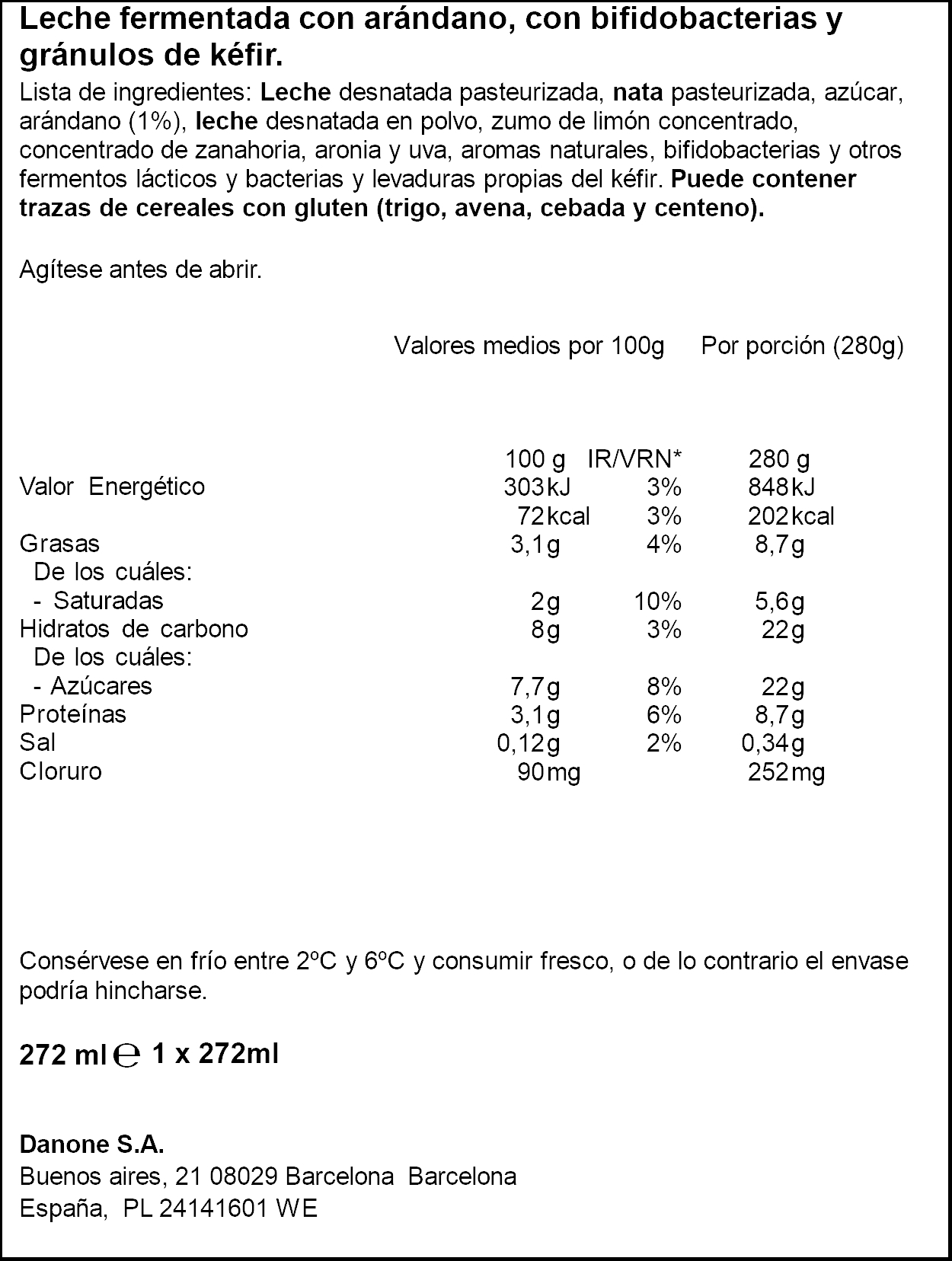 Kefir líquido con arándanos Activia 280g