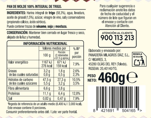 Pan de molde integral Alipende 460g