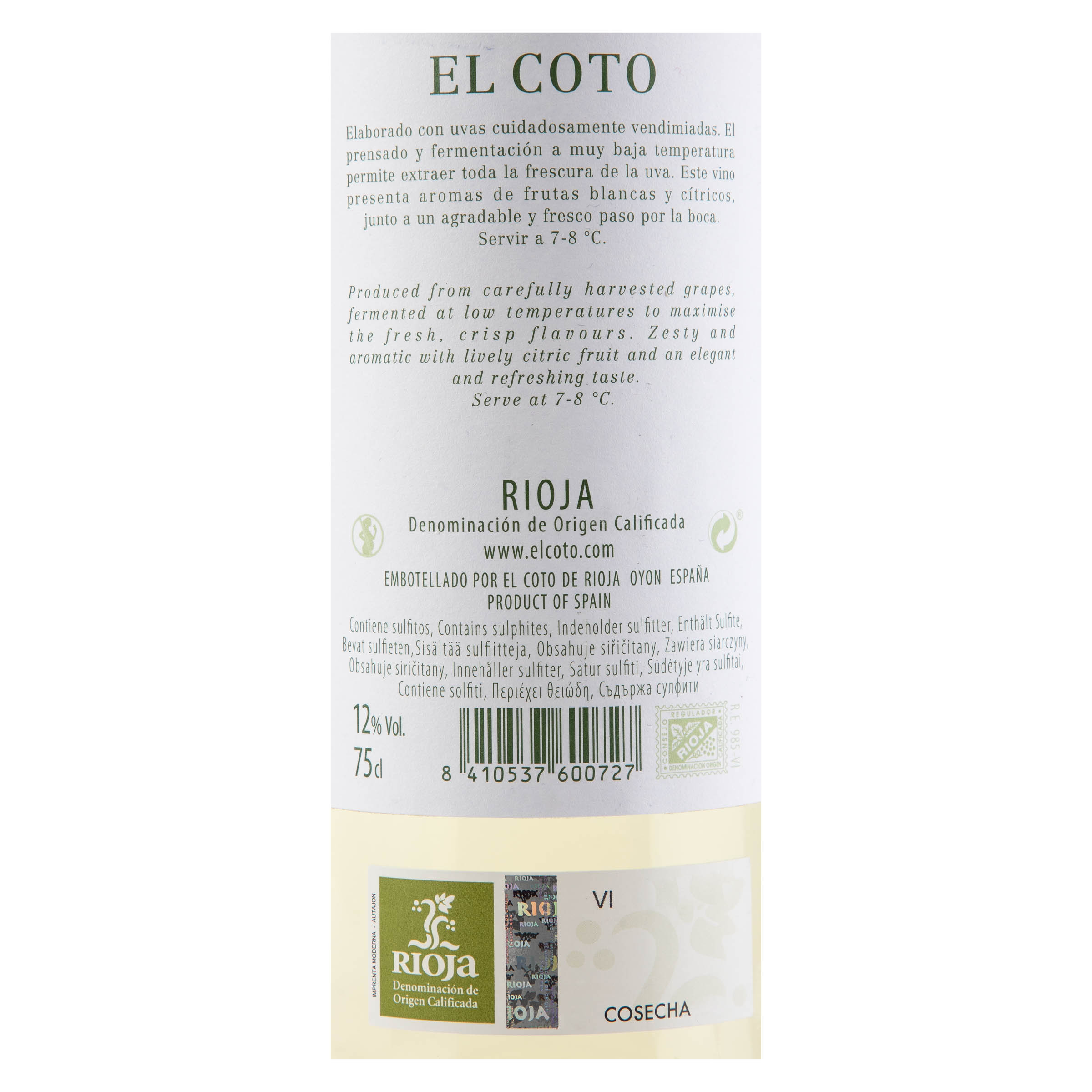 Vino blanco DO Rioja El Coto 75cl