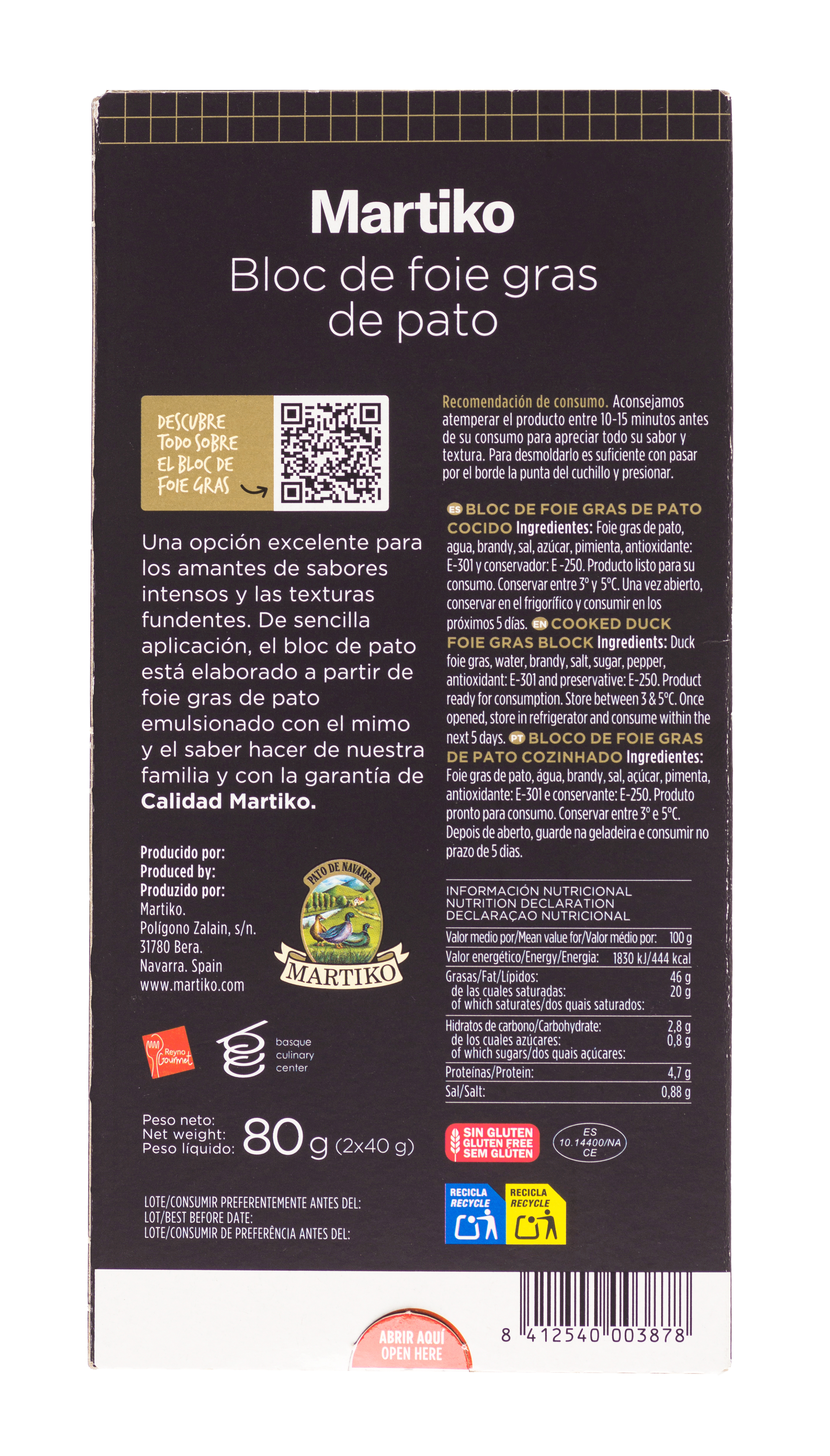 Bloc de foie gras de pato Martiko pack 2 de 40g