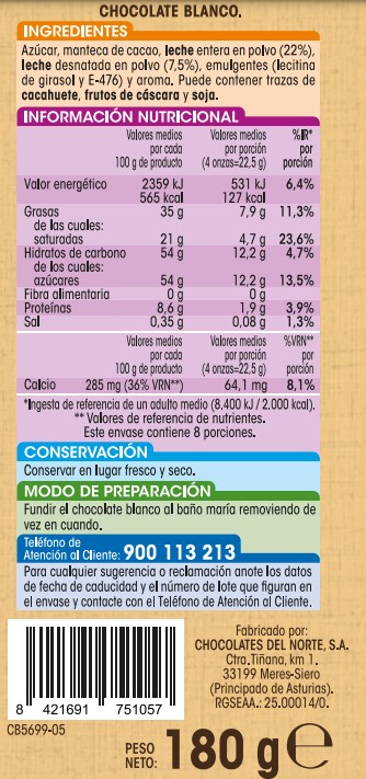 Chocolate blanco sin gluten Alipende 180g para fundir