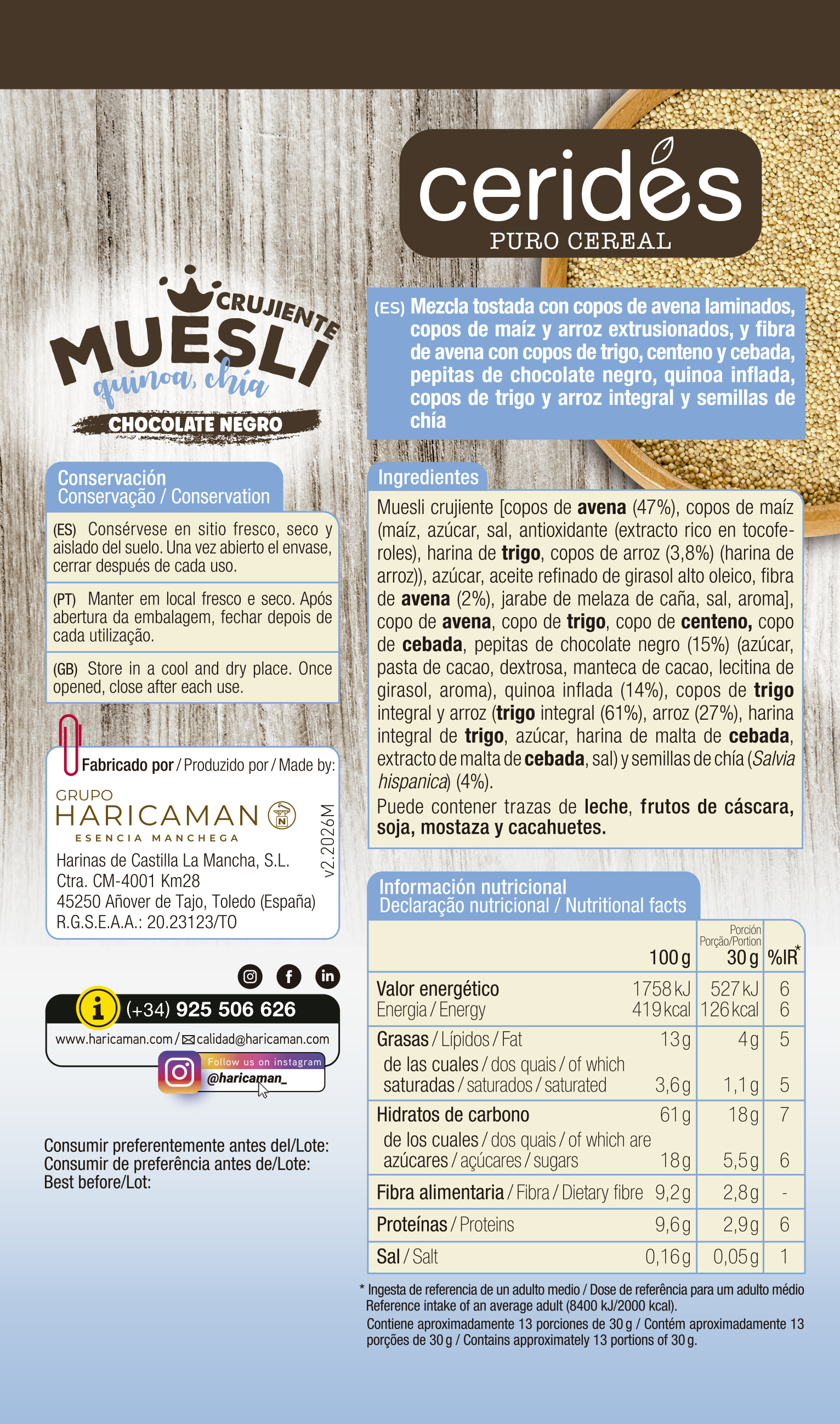 Muesli crujiente con quinoa chia y chocolate negro Cerides 400g