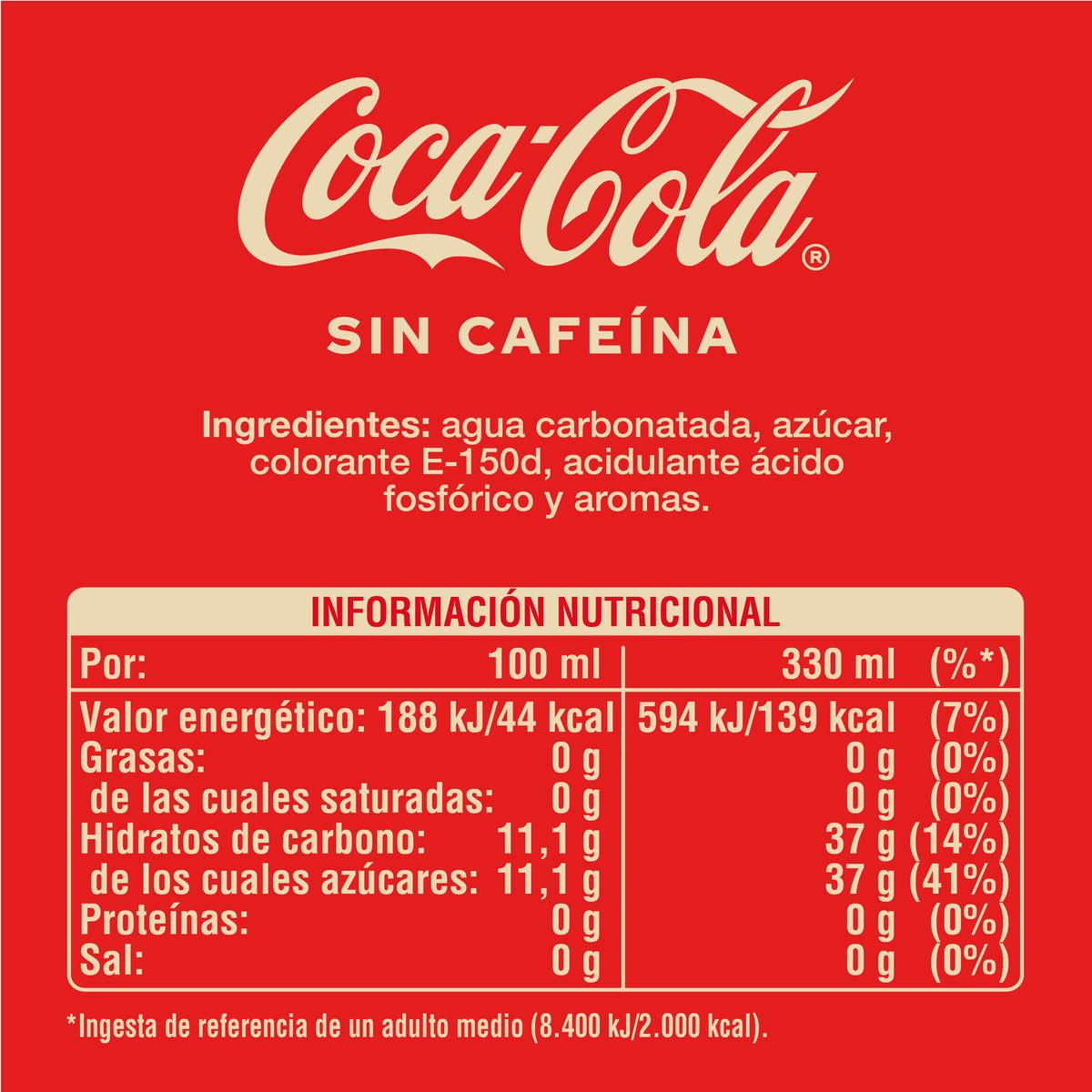 Refresco Coca-Cola lata 33cl sin cafeína