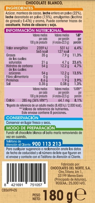 Chocolate blanco sin gluten Alipende 180g para fundir