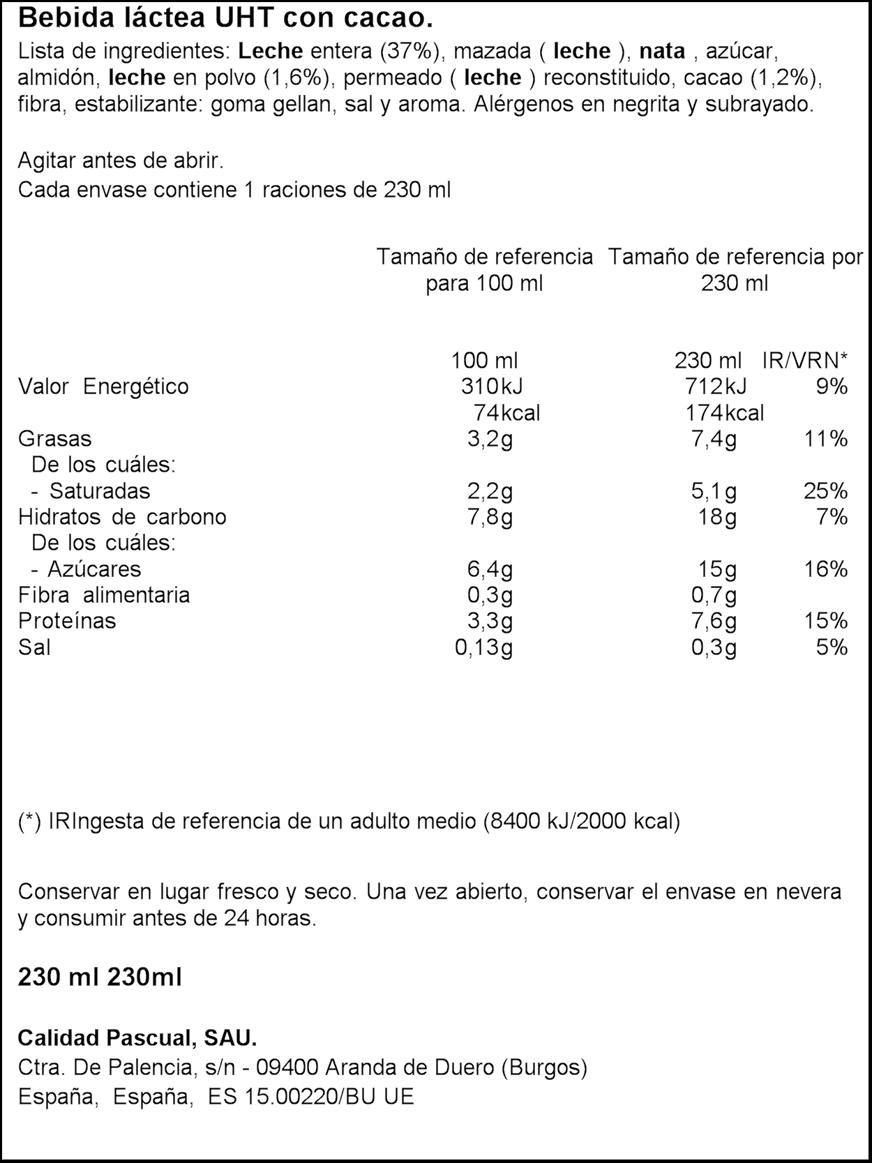 Bebida láctea cremosa lateado Pascual 230ml cacao africano