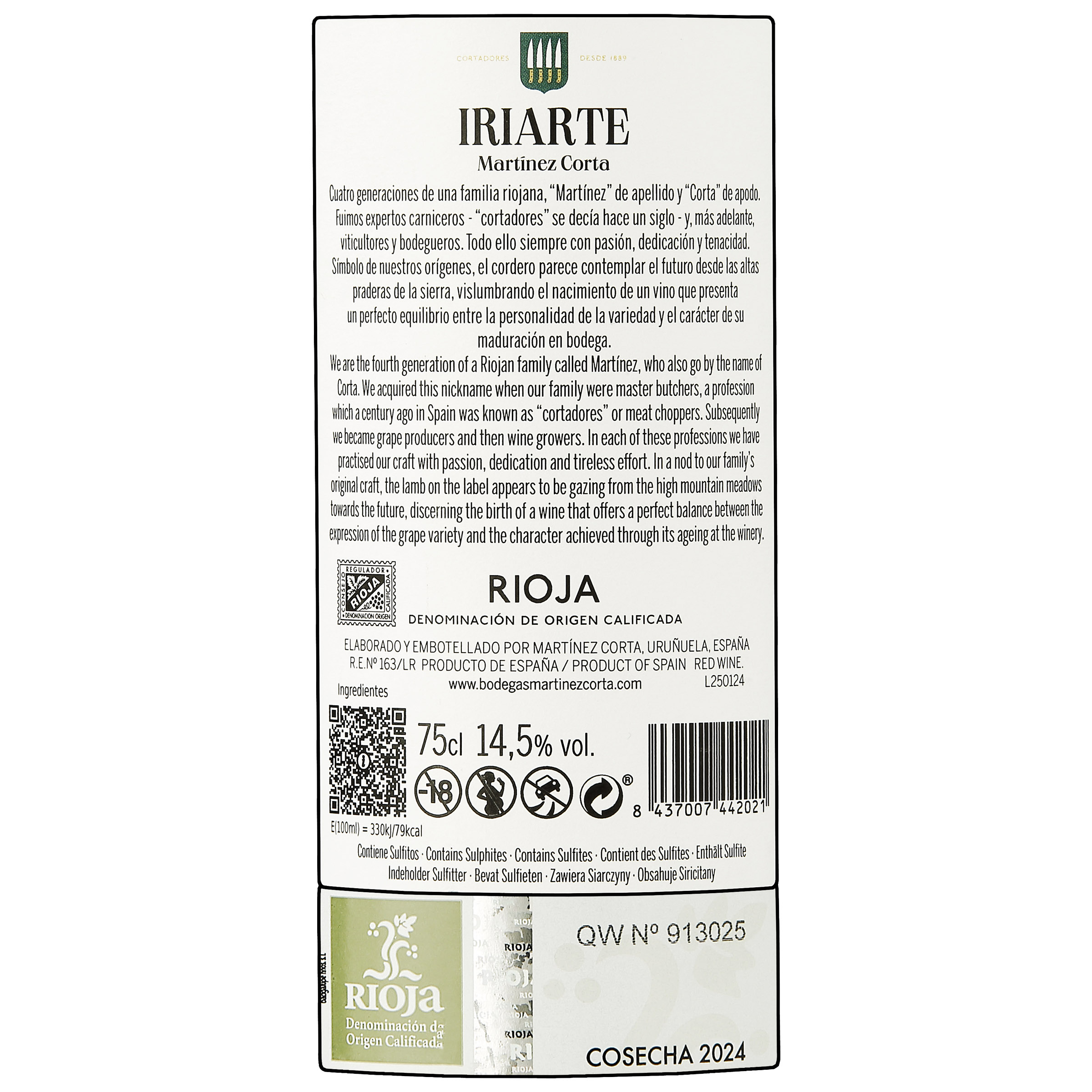 Vino tinto denominación de origen rioja tempranillo Iriarte 75cl