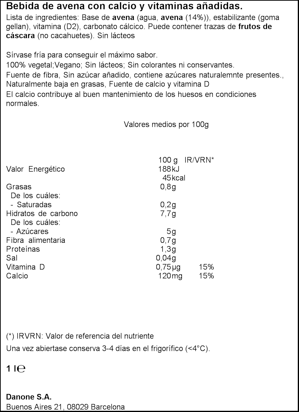 Bebida de avena cremosa Alpro 1l