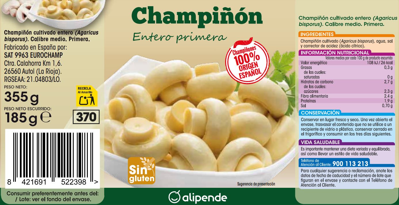 Champiñon Alipende bote 185g entero