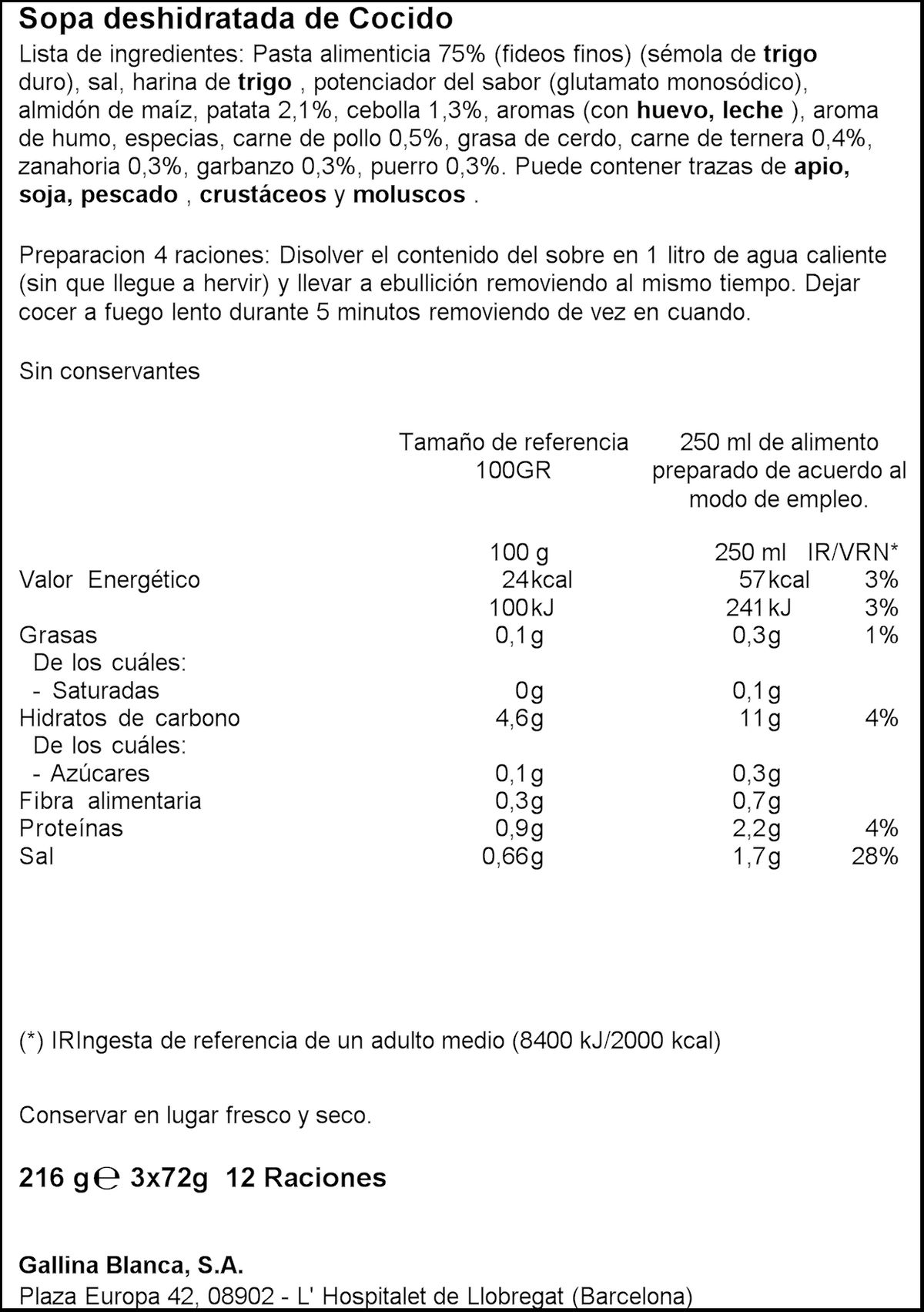 Sopa Gallina Blanca pack 3 unidades cocido