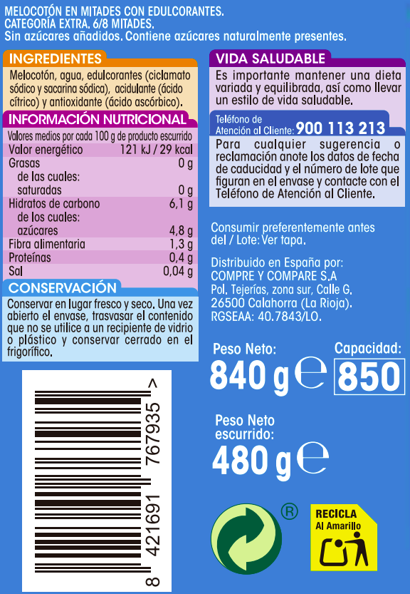 Melocoton en almibar s/gluten s/azucar Alipende 480g