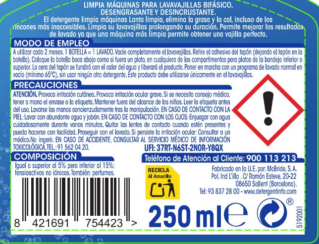 Limpiamaquinas líquido para lavavajillas Lanta 250ml