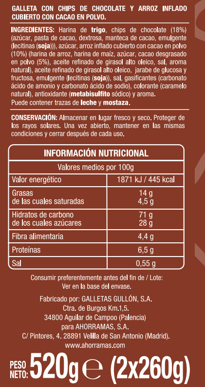 Galletas choco crujientes Alipende 520g
