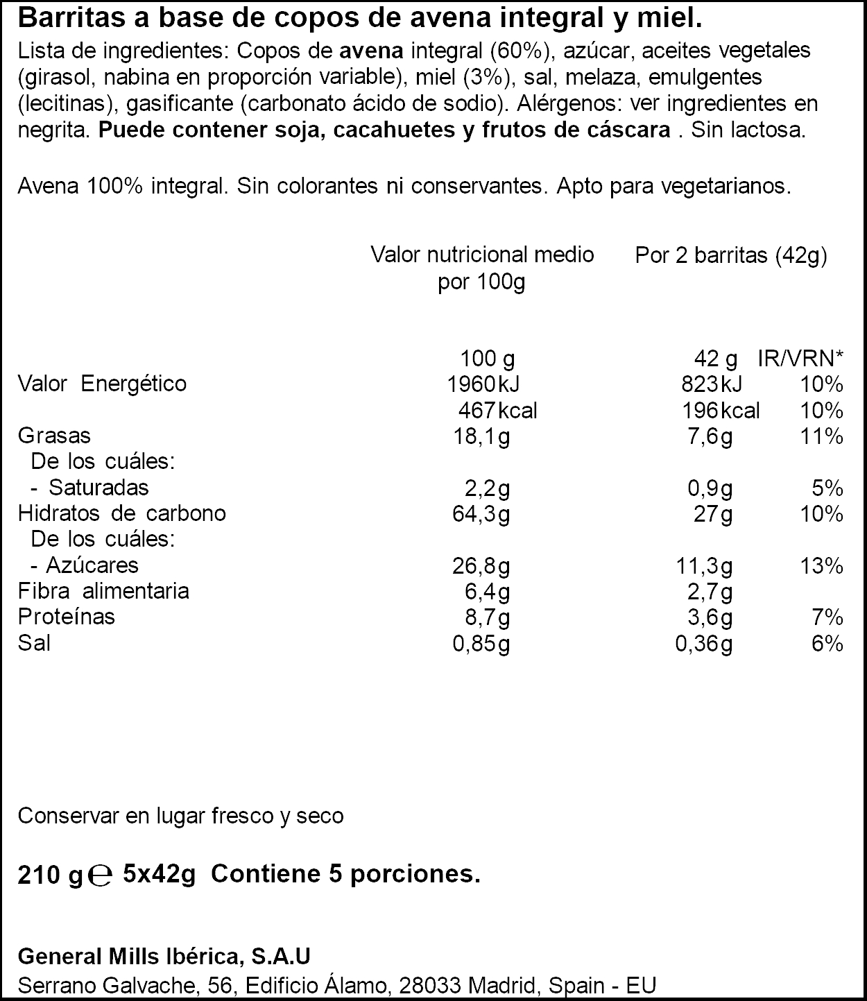 Barrita de avena y miel crunchy Nature Valley 210g