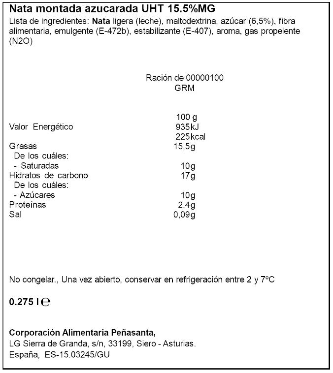 Nata montada ligera en spray Asturiana 250 gr + 10%