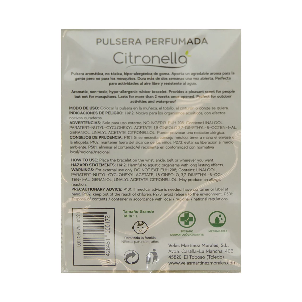 Insecticida pulsera perfumada citronella Lumar Talla S
