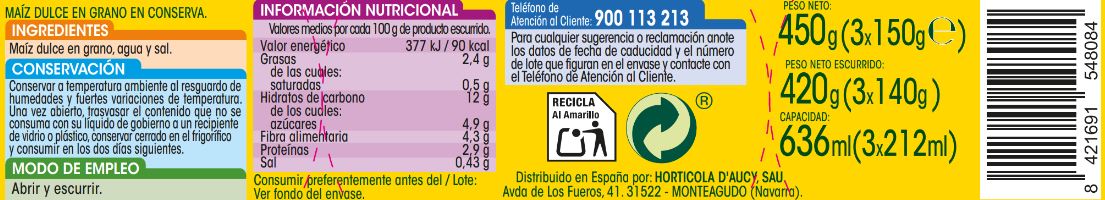 Maiz dulce en grano Alipende pack 3