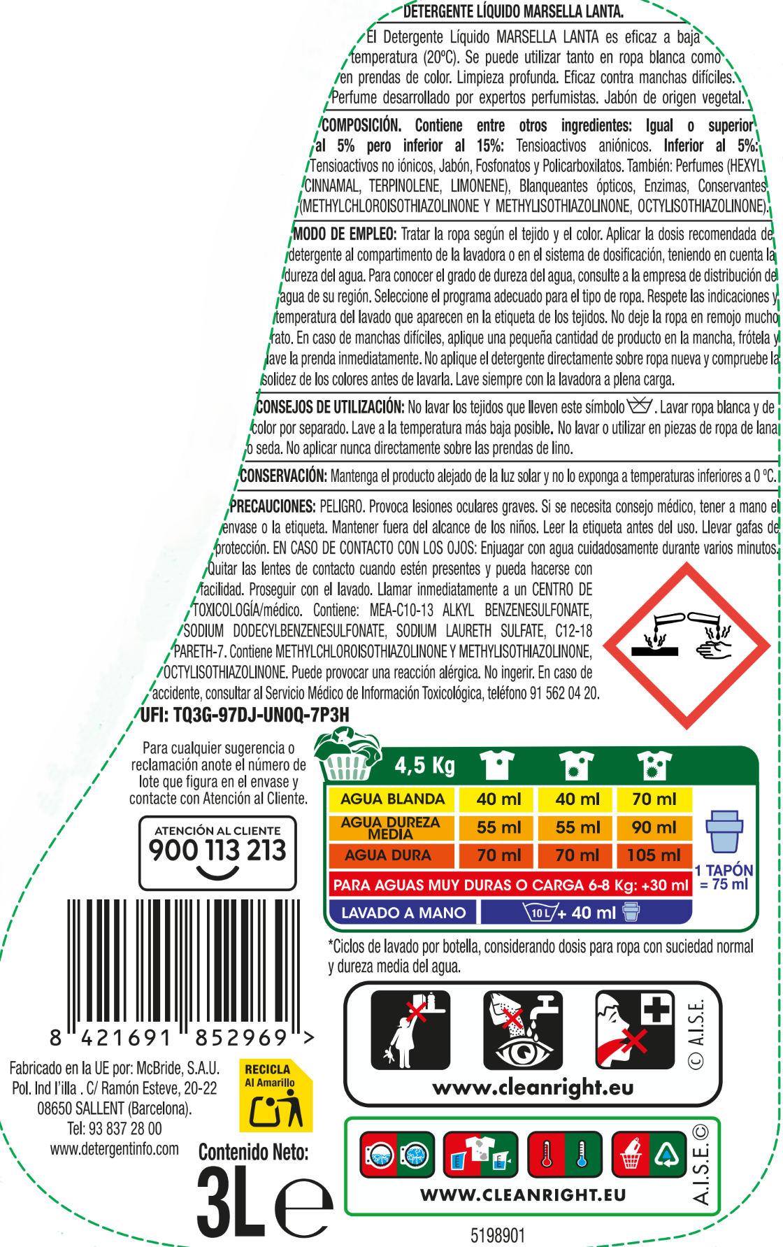 Detergente líquido Lanta 54 lavados Marsella
