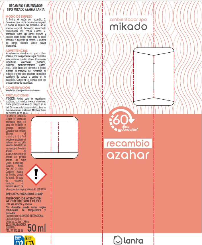 Ambientador tipo mikado recambio Lanta 50ml azahar