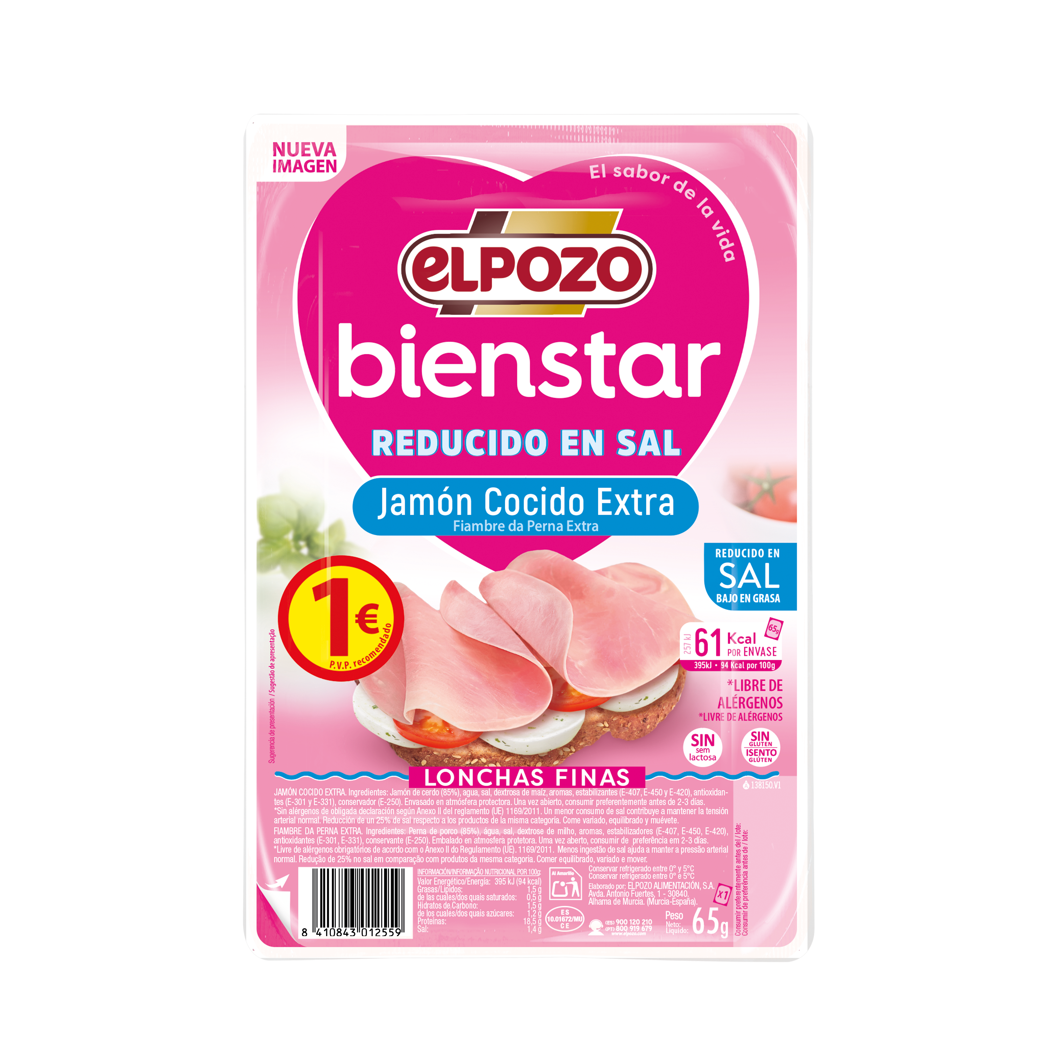 Jamón cocido extra en lonchas finas Bienstar ELPOZO 65g