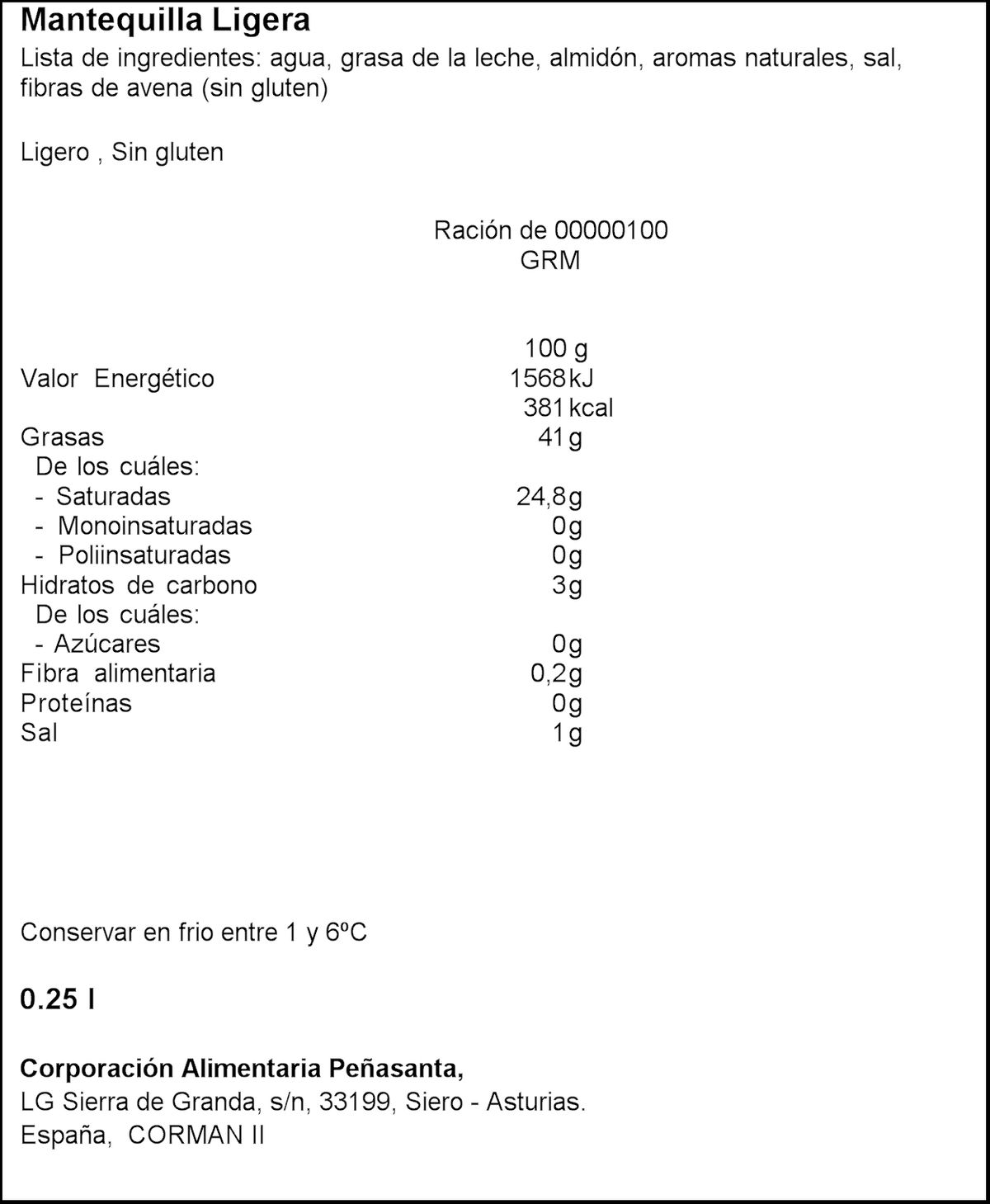 Mantequilla ligera Asturiana 250g