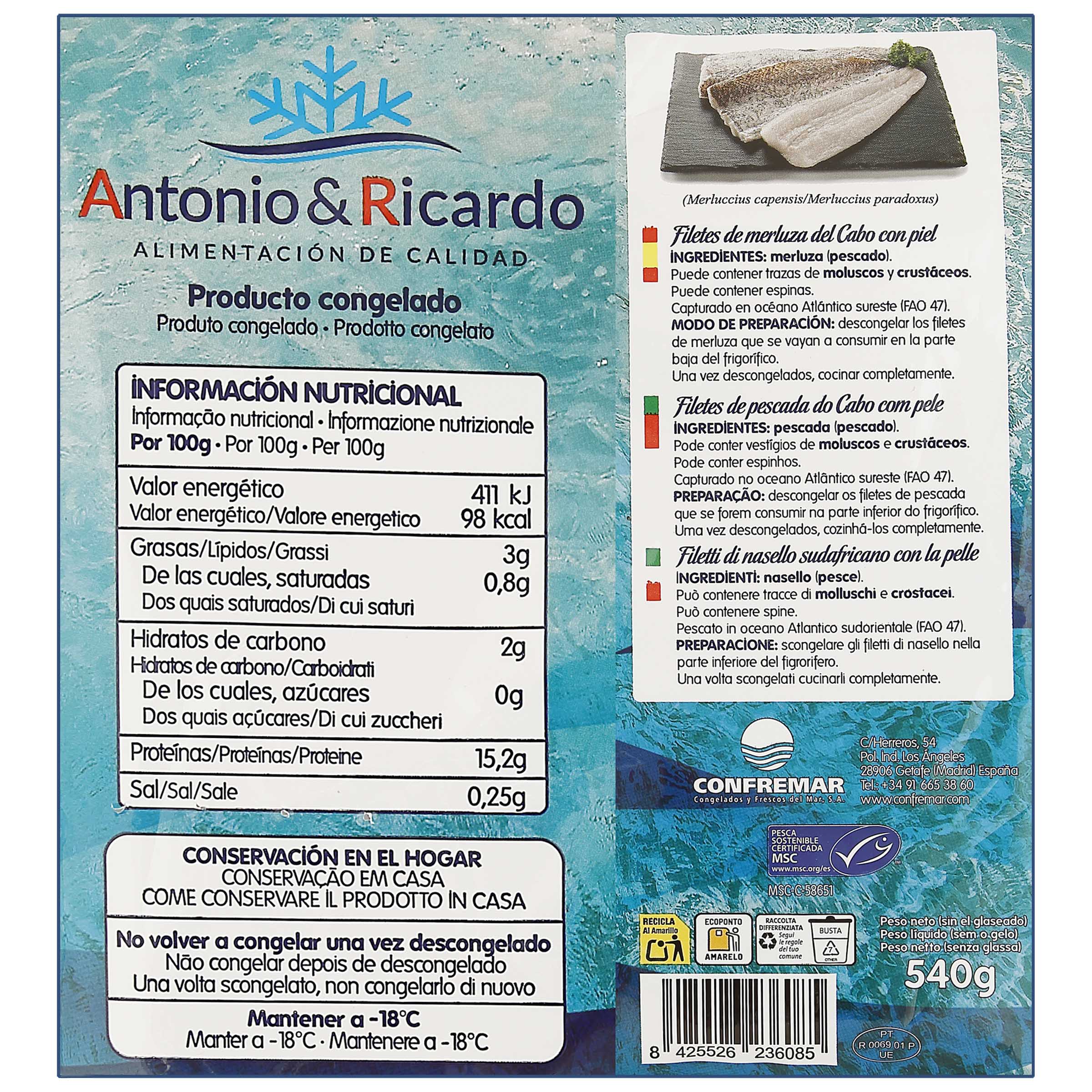 Filete de merluza del cabo A&R 540 gr con piel