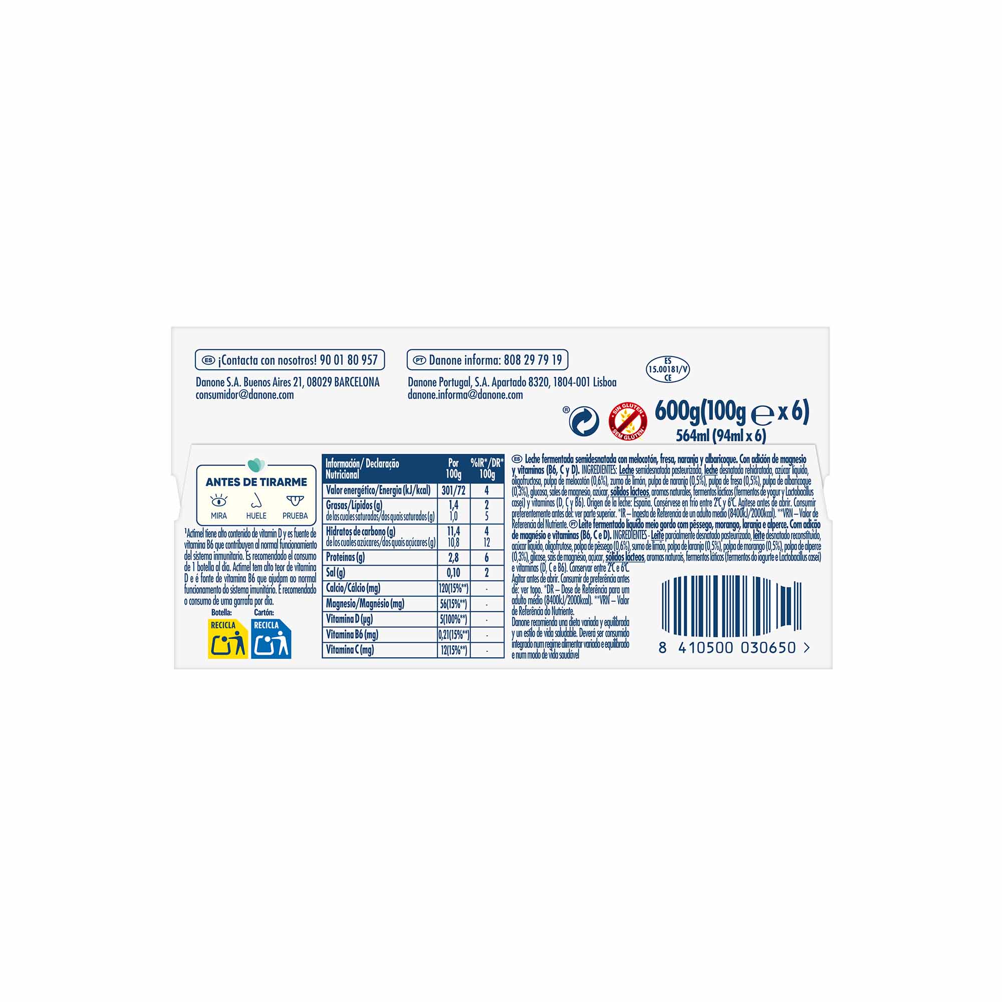 Actimel naranja multifrutas pack 6 100g x 6