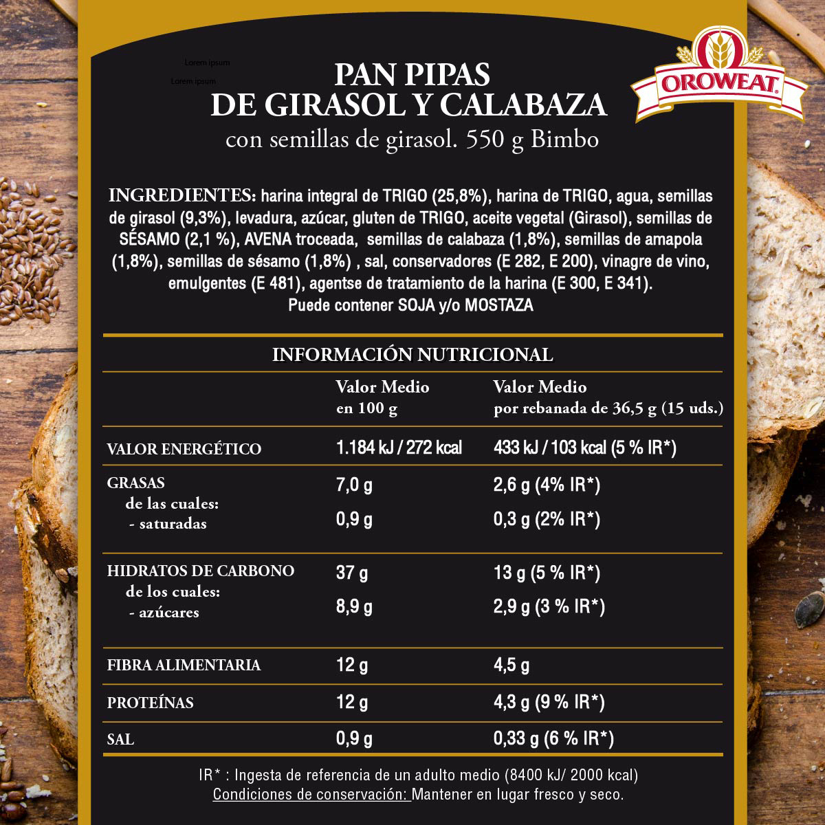 Oroweat Pan de molde Pipas girasol y calabaza 550g