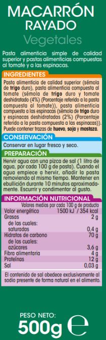 Macarrón rayado Alipende 500g con vegetales